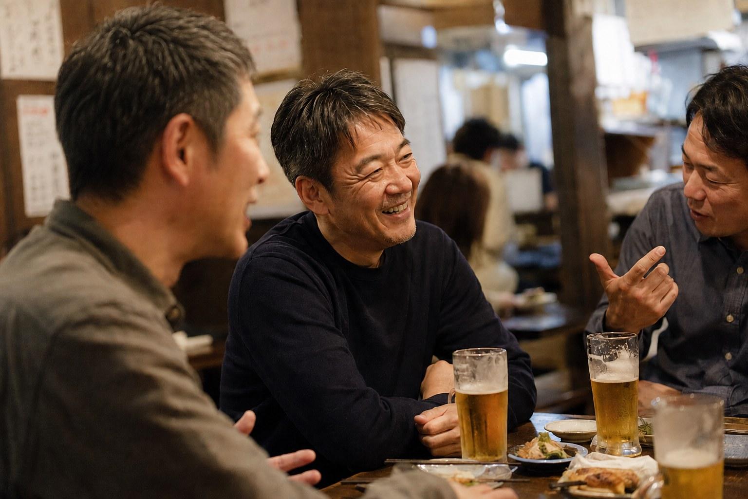 サロンを出た後、仕事帰りに居酒屋で友人と過ごす大人男性の様子