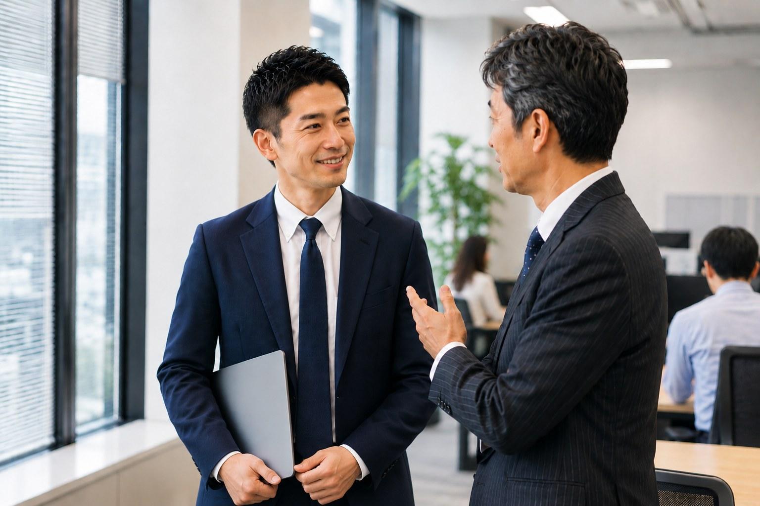 サロンを出た後、職場で同僚と話す大人男性の様子
