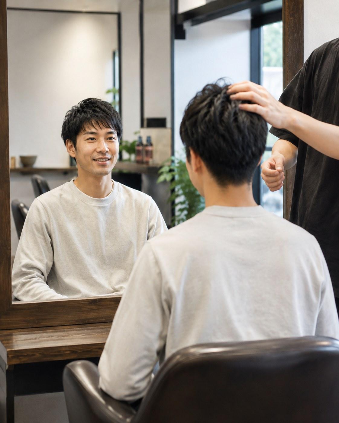 初回来店時、男性スタイリストと客が自然に会話しながら行うカウンセリング風景