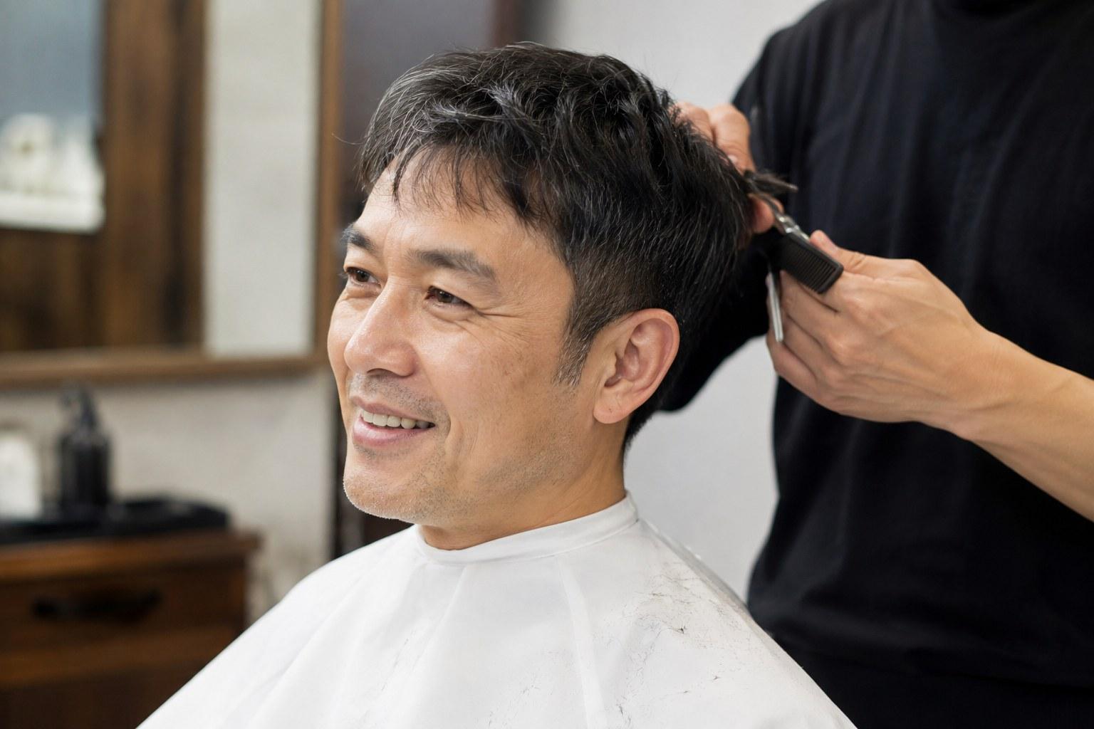 男性スタイリストと大人男性のお客様が自然に会話をしている様子